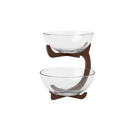 Ciotola Doppia in Legno di Pino e Vetro Trasparente 33xH.29 cm