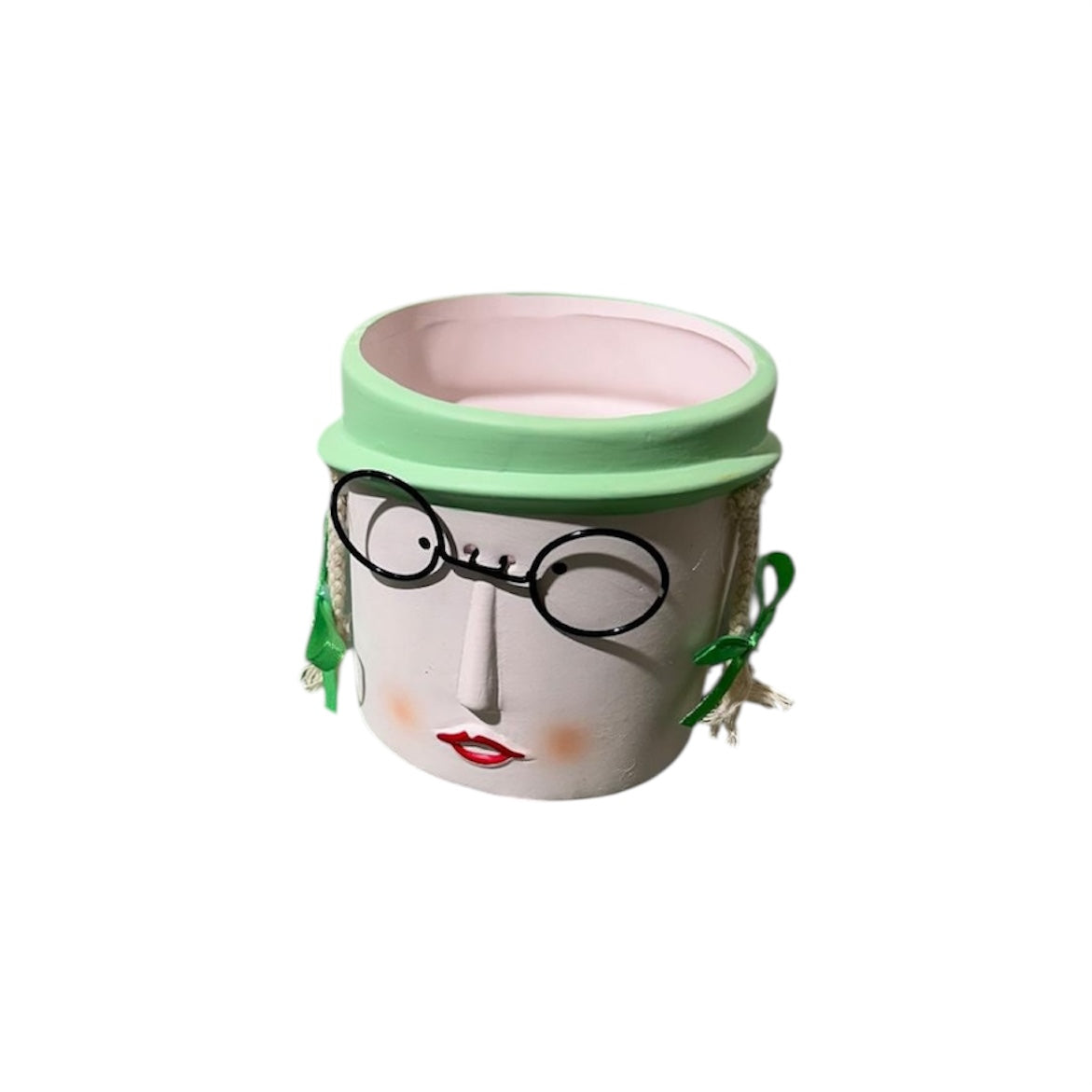 Vaso testa in terracotta con occhiali e cappello