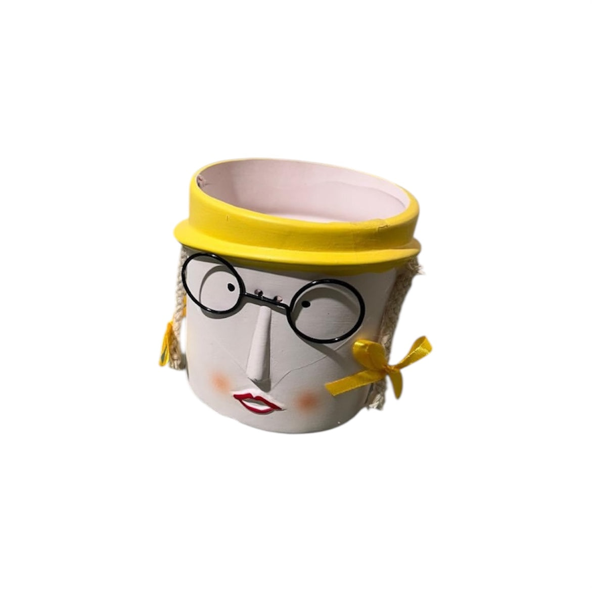 Vaso testa in terracotta con occhiali e cappello