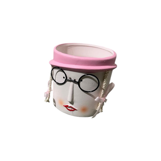Vaso testa in terracotta con occhiali e cappello
