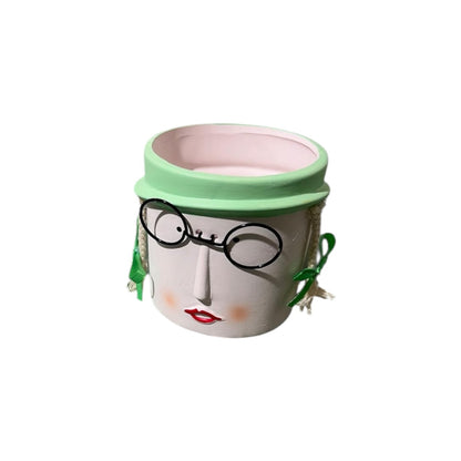 Vaso testa in terracotta con occhiali e cappello